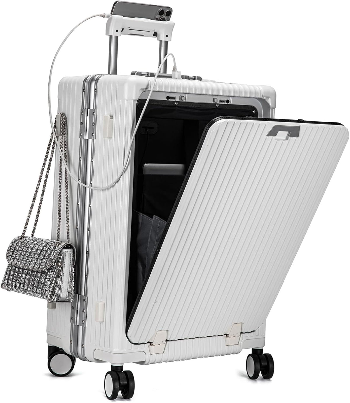PC Hardside Carry On Luggage, Aluminum Frame, TSA Lock, Cup Holder | USB port, phone holder and spinner wheels keep essentials reachable for airport and business trips