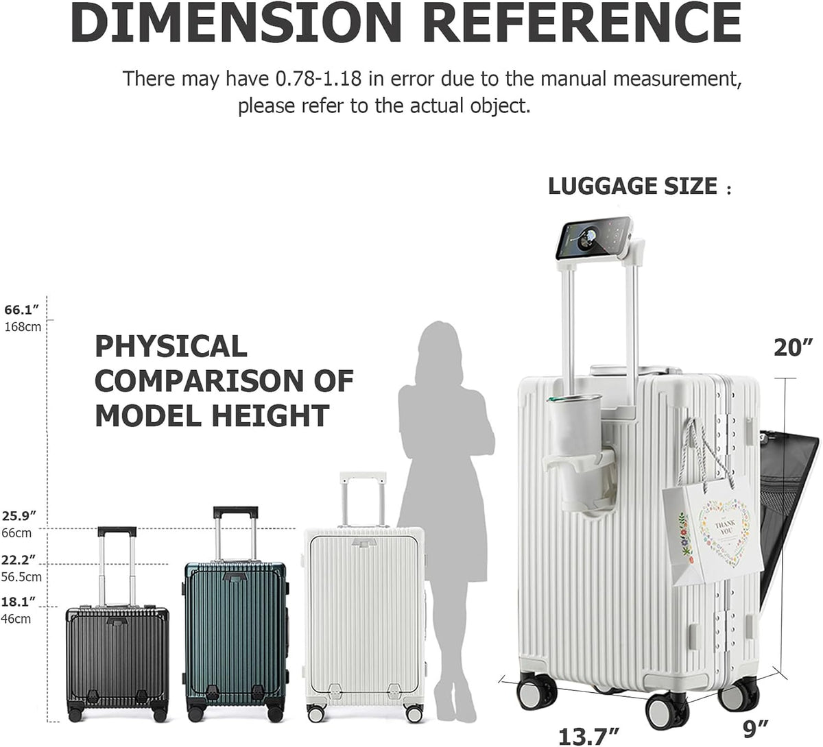 PC Hardside Carry On Luggage, Aluminum Frame, TSA Lock, Cup Holder | USB port, phone holder and spinner wheels keep essentials reachable for airport and business trips