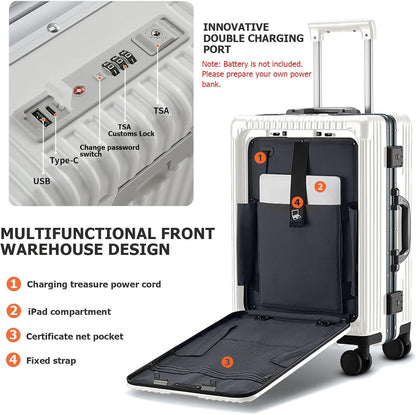 PC Hardside Carry On Luggage, Aluminum Frame, TSA Lock, Cup Holder | USB port, phone holder and spinner wheels keep essentials reachable for airport and business trips