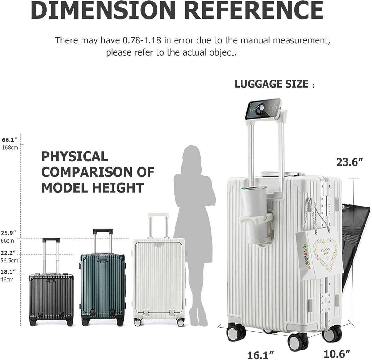 PC Hardside Carry On Luggage, Aluminum Frame, TSA Lock, Cup Holder | USB port, phone holder and spinner wheels keep essentials reachable for airport and business trips
