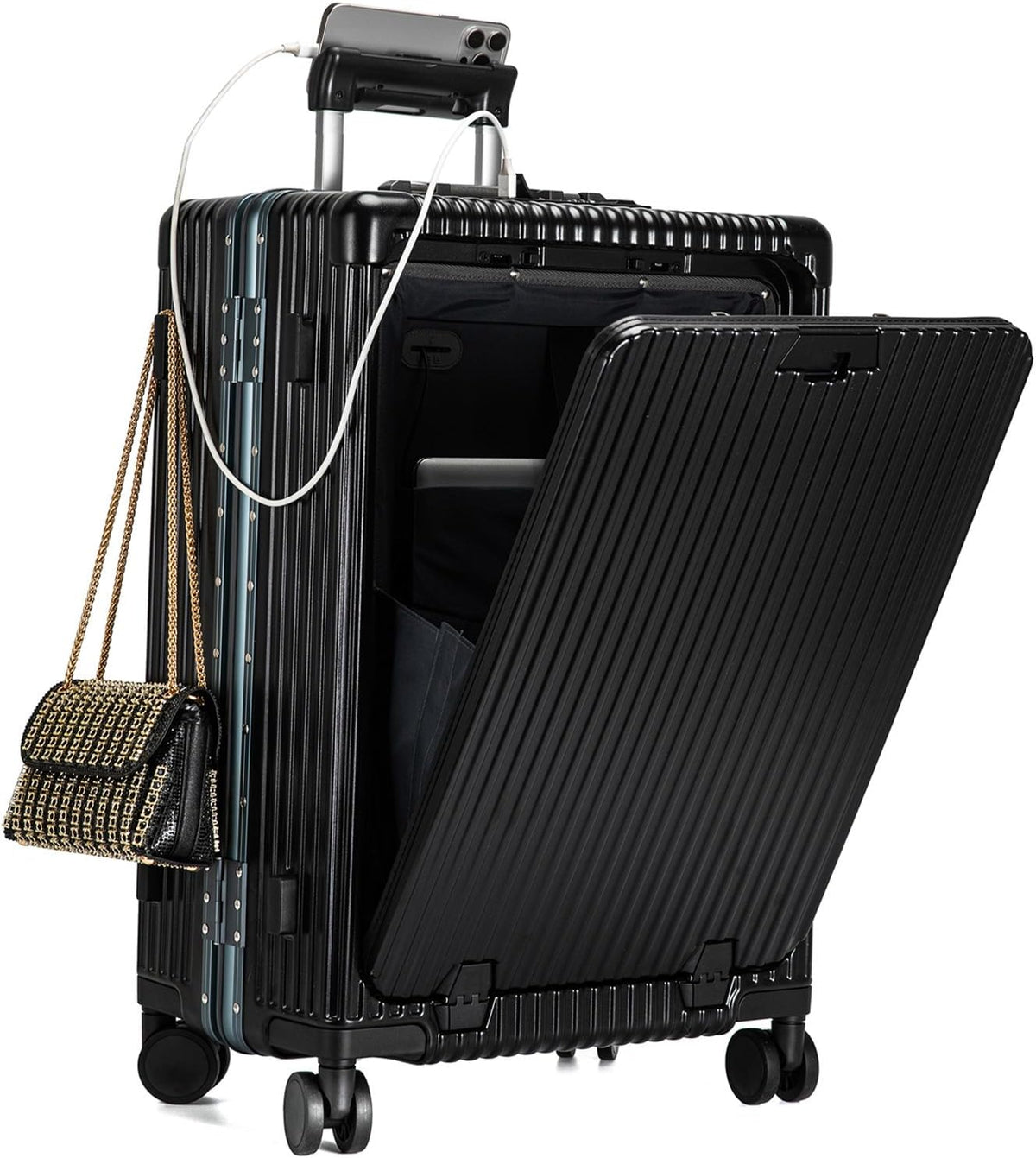 PC Hardside Carry On Luggage, Aluminum Frame, TSA Lock, Cup Holder | USB port, phone holder and spinner wheels keep essentials reachable for airport and business trips