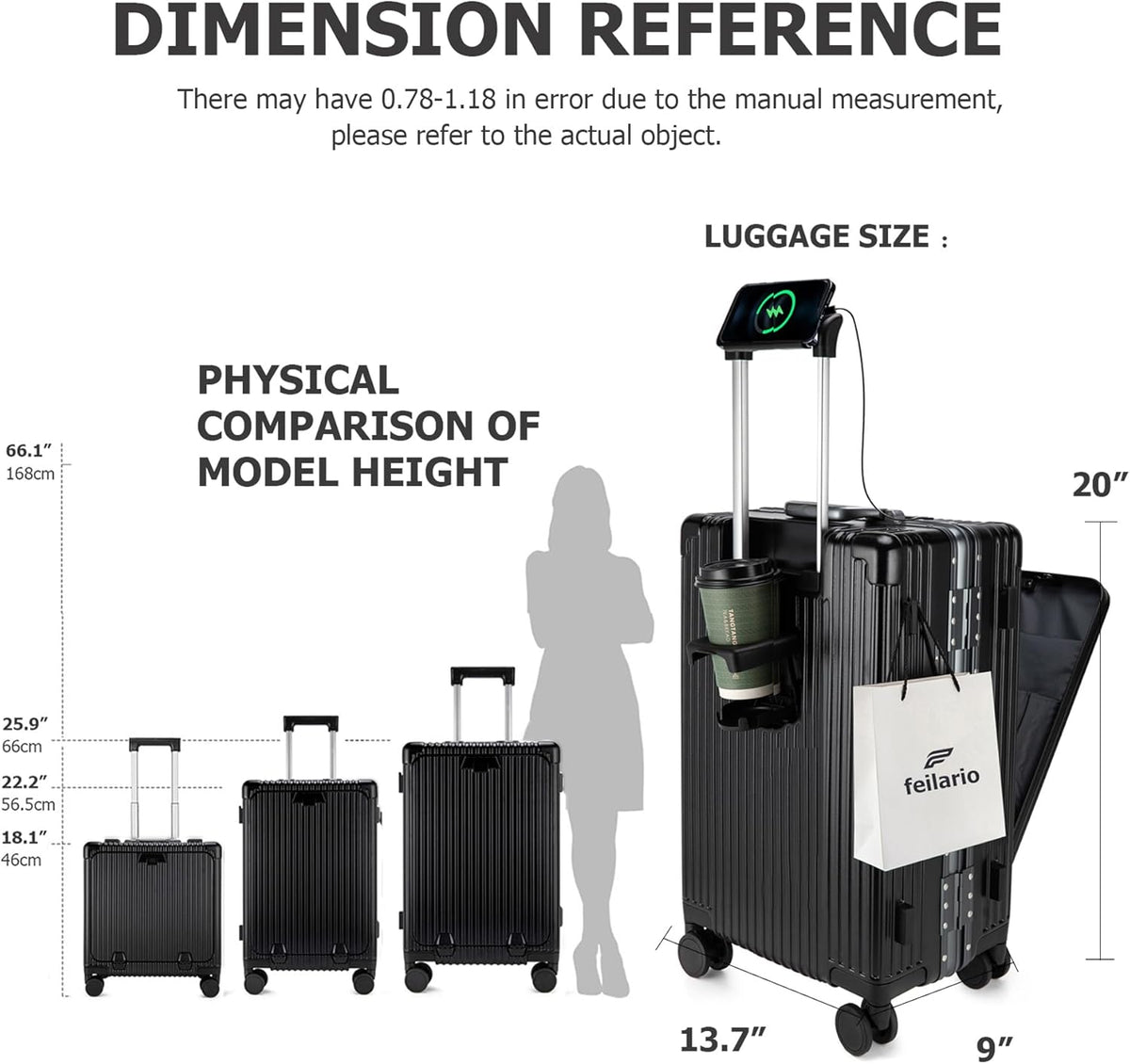 PC Hardside Carry On Luggage, Aluminum Frame, TSA Lock, Cup Holder | USB port, phone holder and spinner wheels keep essentials reachable for airport and business trips