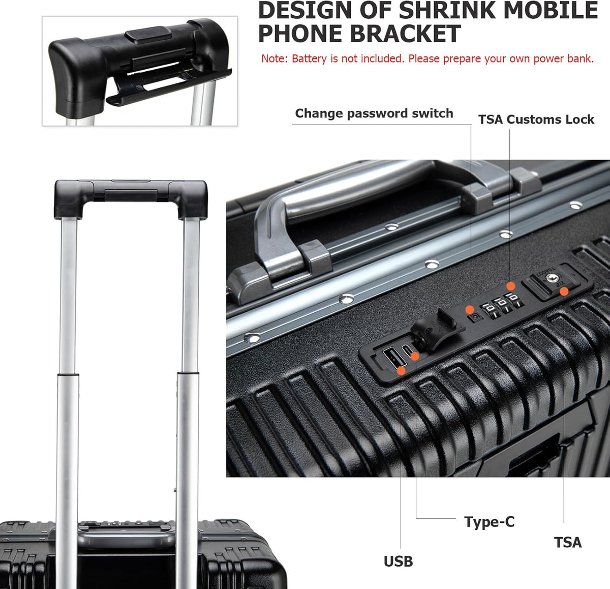 PC Hardside Carry On Luggage, Aluminum Frame, TSA Lock, Cup Holder | USB port, phone holder and spinner wheels keep essentials reachable for airport and business trips