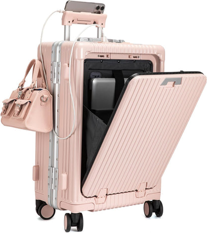 PC Hardside Carry On Luggage, Aluminum Frame, TSA Lock, Cup Holder | USB port, phone holder and spinner wheels keep essentials reachable for airport and business trips