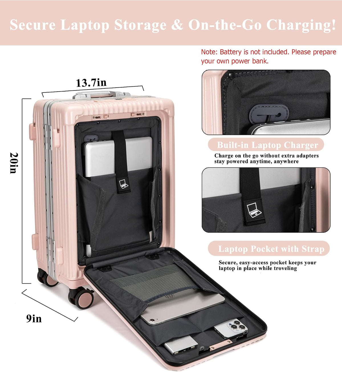 PC Hardside Carry On Luggage, Aluminum Frame, TSA Lock, Cup Holder | USB port, phone holder and spinner wheels keep essentials reachable for airport and business trips