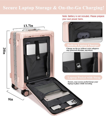 PC Hardside Carry On Luggage, Aluminum Frame, TSA Lock, Cup Holder | USB port, phone holder and spinner wheels keep essentials reachable for airport and business trips