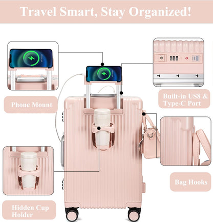 PC Hardside Carry On Luggage, Aluminum Frame, TSA Lock, Cup Holder | USB port, phone holder and spinner wheels keep essentials reachable for airport and business trips