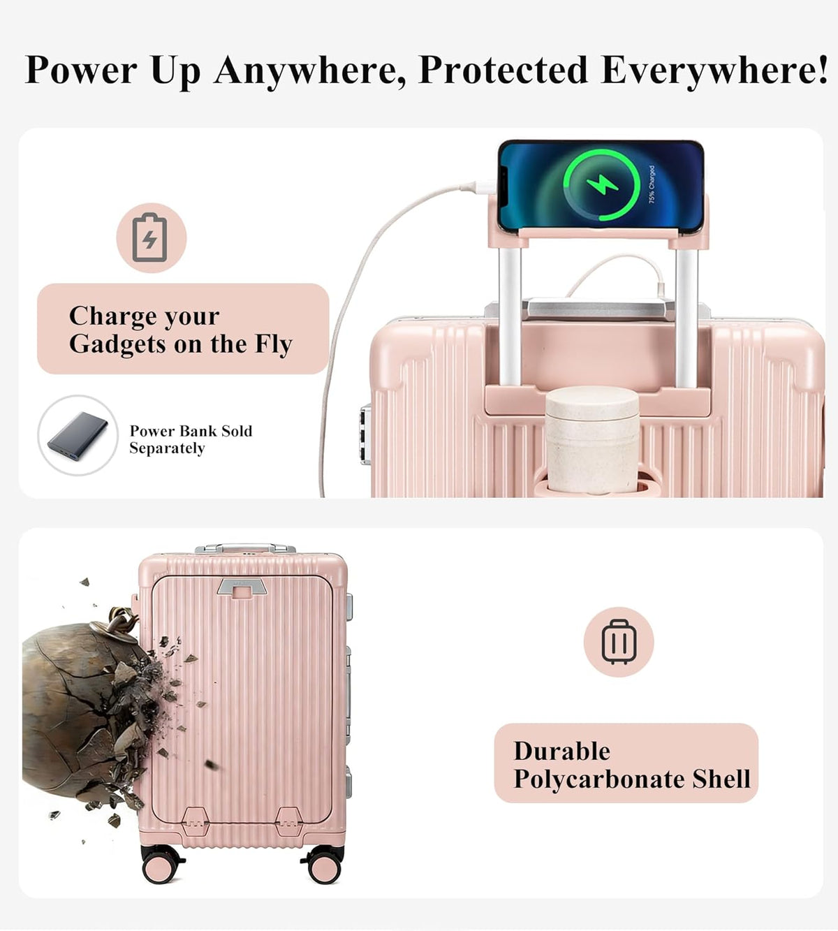 PC Hardside Carry On Luggage, Aluminum Frame, TSA Lock, Cup Holder | USB port, phone holder and spinner wheels keep essentials reachable for airport and business trips