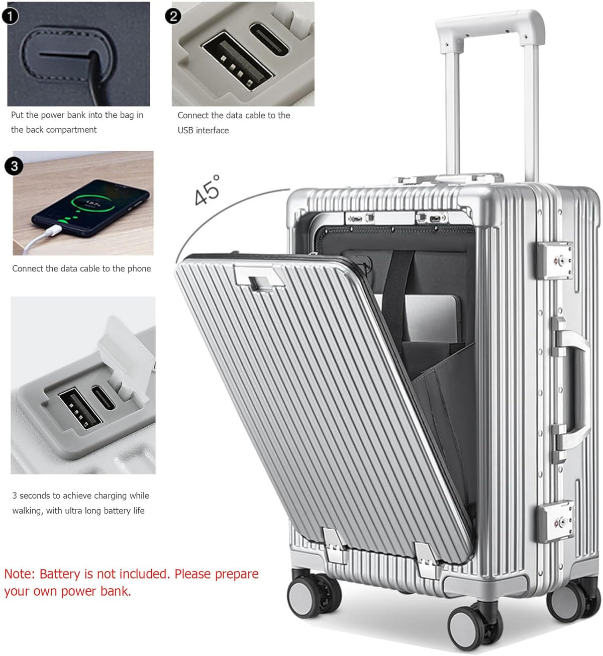 PC Hardside Carry On Luggage, Aluminum Frame, TSA Lock, Cup Holder | USB port, phone holder and spinner wheels keep essentials reachable for airport and business trips