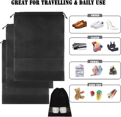 12pcs Non-woven Shoe Bags for Travel 12.6" X 17.3" Portable Shoe Bags with Clear Window, Large Drawstring Dustproof Travel Shoe Storage Bag for Men & Women, Black,XL Size