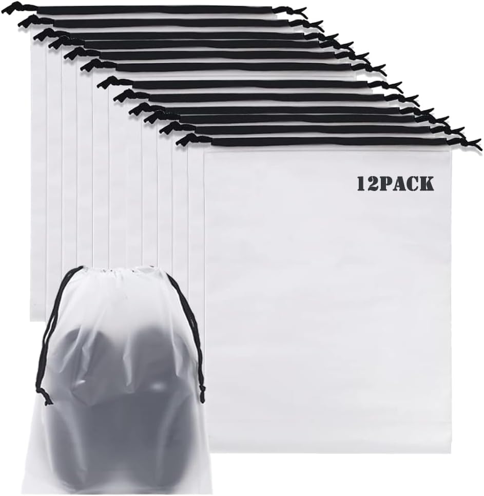 12pcs Non-woven Shoe Bags for Travel 12.6" X 17.3" Portable Shoe Bags with Clear Window, Large Drawstring Dustproof Travel Shoe Storage Bag for Men & Women, Black,XL Size