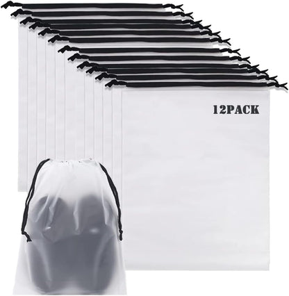 12pcs Non-woven Shoe Bags for Travel 12.6" X 17.3" Portable Shoe Bags with Clear Window, Large Drawstring Dustproof Travel Shoe Storage Bag for Men & Women, Black,XL Size