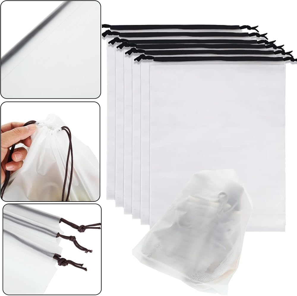 12pcs Non-woven Shoe Bags for Travel 12.6" X 17.3" Portable Shoe Bags with Clear Window, Large Drawstring Dustproof Travel Shoe Storage Bag for Men & Women, Black,XL Size