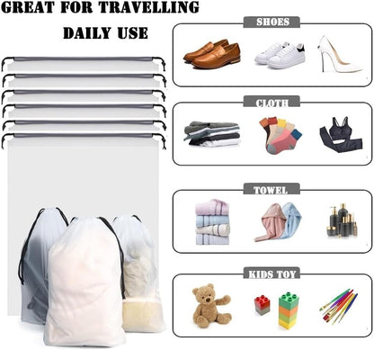 12pcs Non-woven Shoe Bags for Travel 12.6" X 17.3" Portable Shoe Bags with Clear Window, Large Drawstring Dustproof Travel Shoe Storage Bag for Men & Women, Black,XL Size