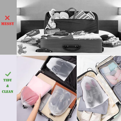 12pcs Non-woven Shoe Bags for Travel 12.6" X 17.3" Portable Shoe Bags with Clear Window, Large Drawstring Dustproof Travel Shoe Storage Bag for Men & Women, Black,XL Size