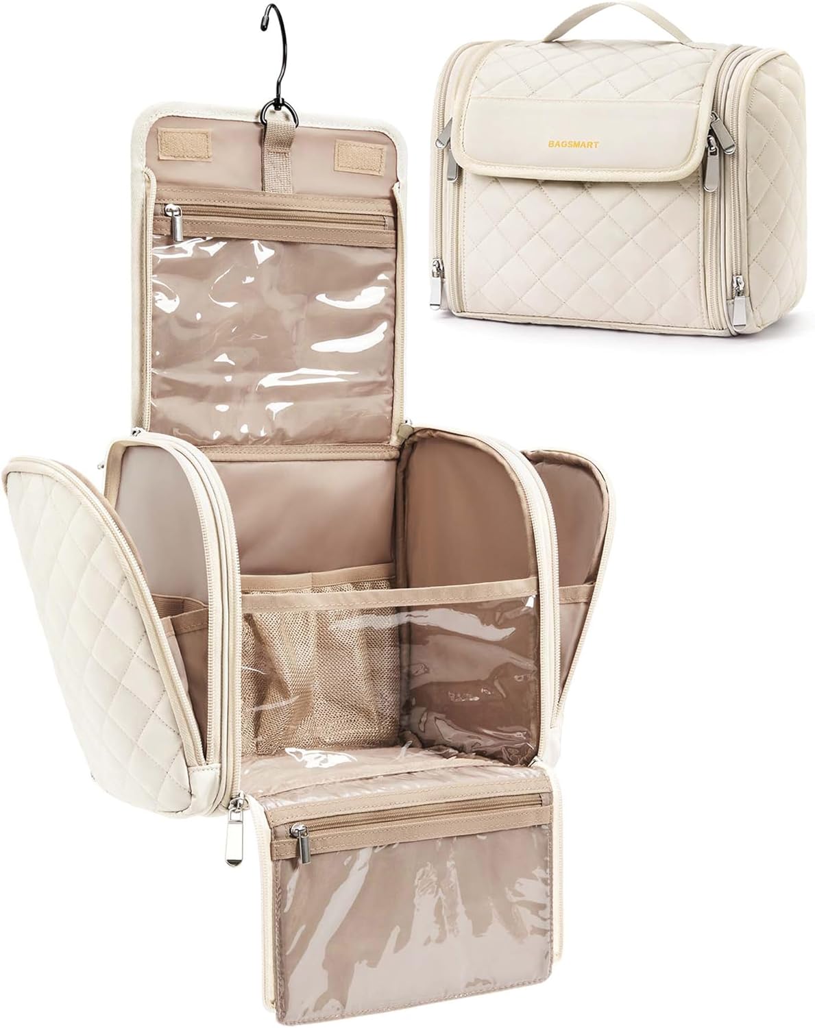 Toiletry Bag Travel Makeup Bag with Hanging Hook, Cosmetic Bag Make Organizer Case, Large Capacity Water-resistant Organizer for Toiletries Accessories Brushes Sponge, Beige