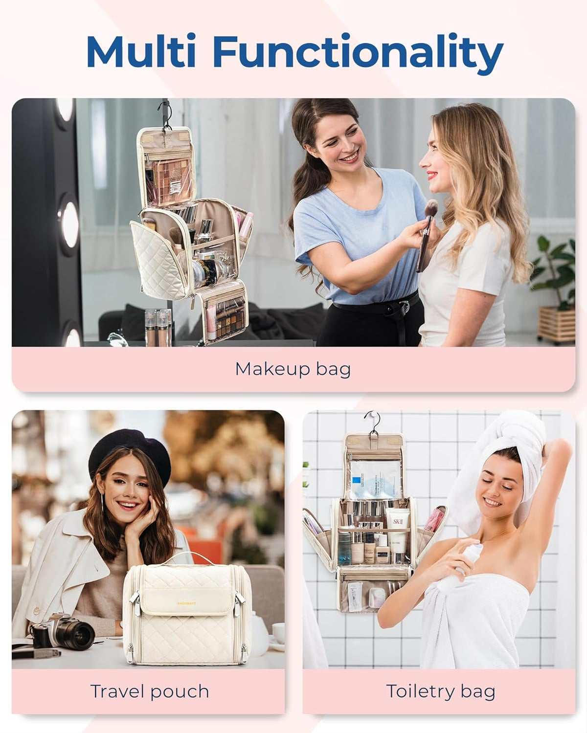 Toiletry Bag Travel Makeup Bag with Hanging Hook, Cosmetic Bag Make Organizer Case, Large Capacity Water-resistant Organizer for Toiletries Accessories Brushes Sponge, Beige