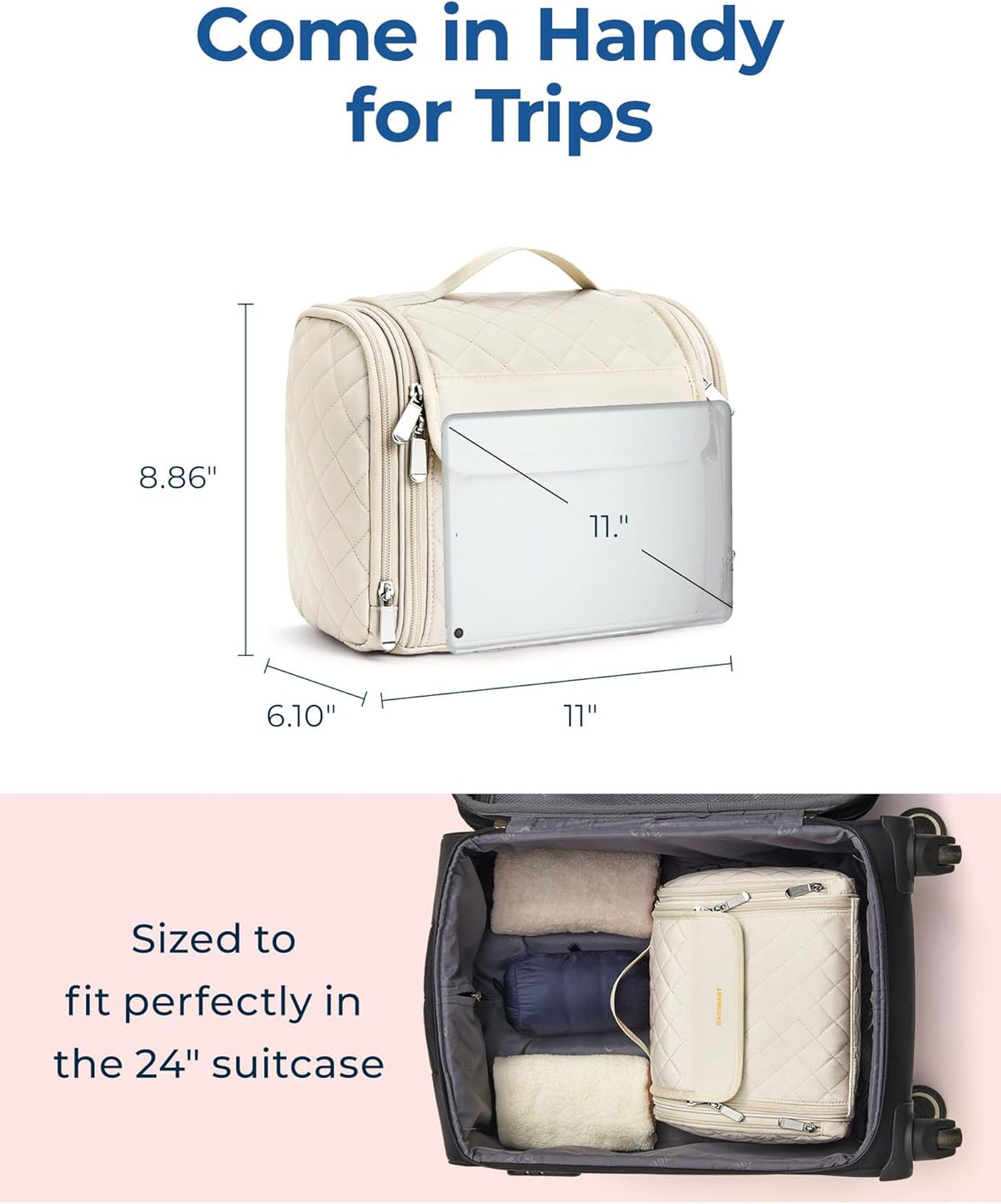 Toiletry Bag Travel Makeup Bag with Hanging Hook, Cosmetic Bag Make Organizer Case, Large Capacity Water-resistant Organizer for Toiletries Accessories Brushes Sponge, Beige