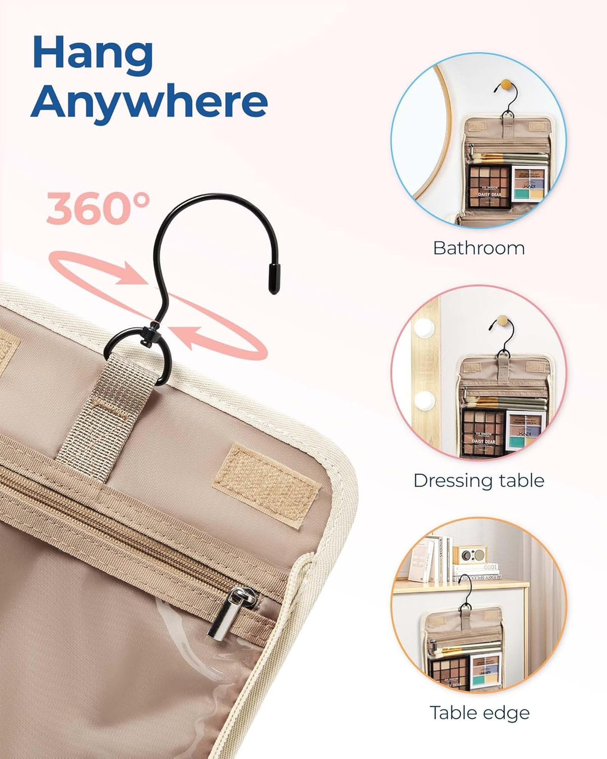 Toiletry Bag Travel Makeup Bag with Hanging Hook, Cosmetic Bag Make Organizer Case, Large Capacity Water-resistant Organizer for Toiletries Accessories Brushes Sponge, Beige