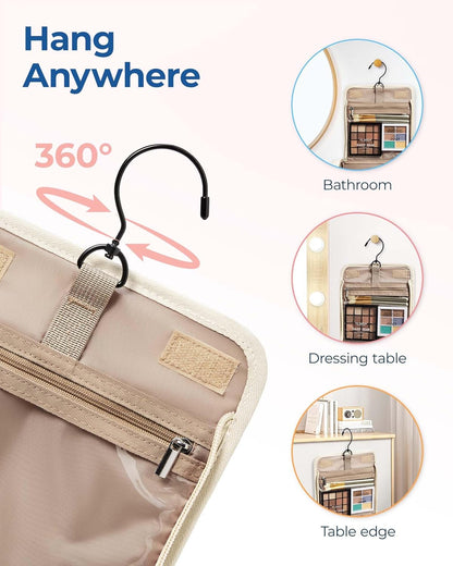 Toiletry Bag Travel Makeup Bag with Hanging Hook, Cosmetic Bag Make Organizer Case, Large Capacity Water-resistant Organizer for Toiletries Accessories Brushes Sponge, Beige