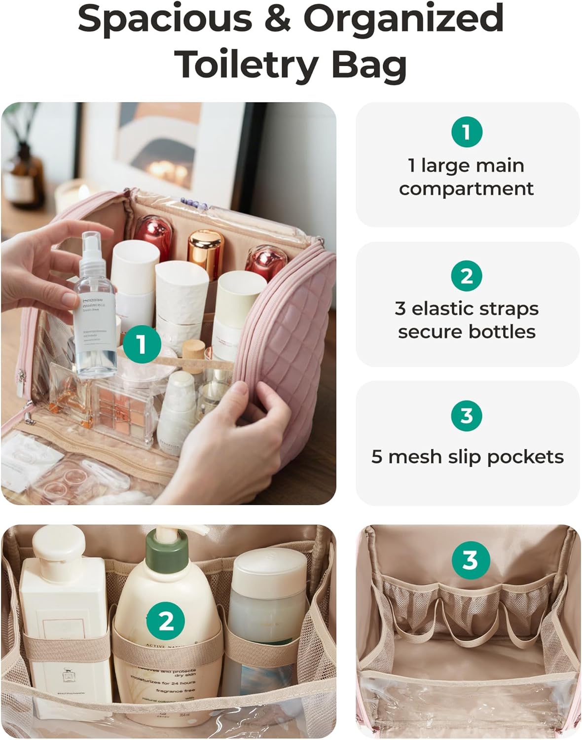 Toiletry Bag Travel Makeup Bag with Hanging Hook, Cosmetic Bag Make Organizer Case, Large Capacity Water-resistant Organizer for Toiletries Accessories Brushes Sponge, Beige