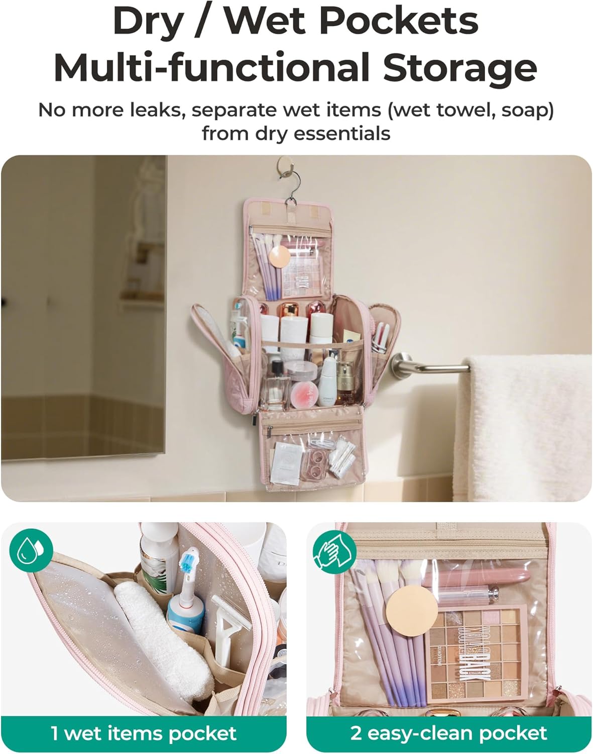 Toiletry Bag Travel Makeup Bag with Hanging Hook, Cosmetic Bag Make Organizer Case, Large Capacity Water-resistant Organizer for Toiletries Accessories Brushes Sponge, Beige