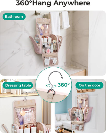 Toiletry Bag Travel Makeup Bag with Hanging Hook, Cosmetic Bag Make Organizer Case, Large Capacity Water-resistant Organizer for Toiletries Accessories Brushes Sponge, Beige