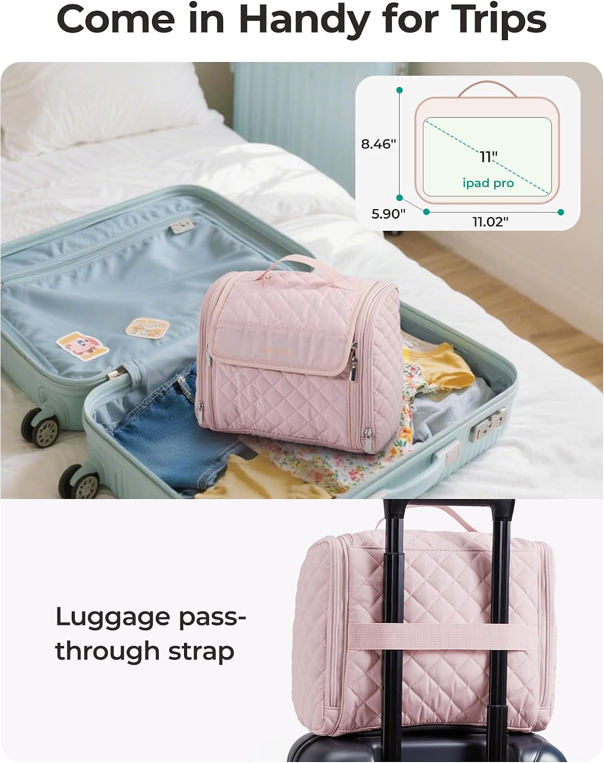 Toiletry Bag Travel Makeup Bag with Hanging Hook, Cosmetic Bag Make Organizer Case, Large Capacity Water-resistant Organizer for Toiletries Accessories Brushes Sponge, Beige
