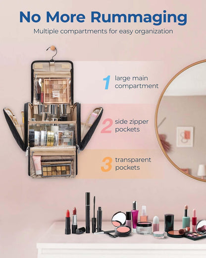 Toiletry Bag Travel Makeup Bag with Hanging Hook, Cosmetic Bag Make Organizer Case, Large Capacity Water-resistant Organizer for Toiletries Accessories Brushes Sponge, Beige