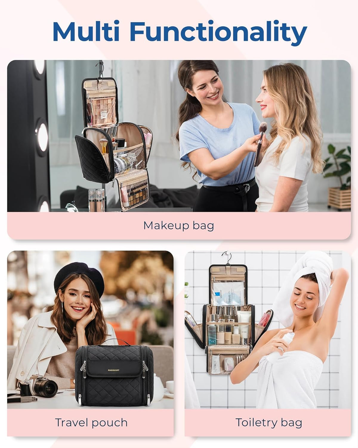 Toiletry Bag Travel Makeup Bag with Hanging Hook, Cosmetic Bag Make Organizer Case, Large Capacity Water-resistant Organizer for Toiletries Accessories Brushes Sponge, Beige