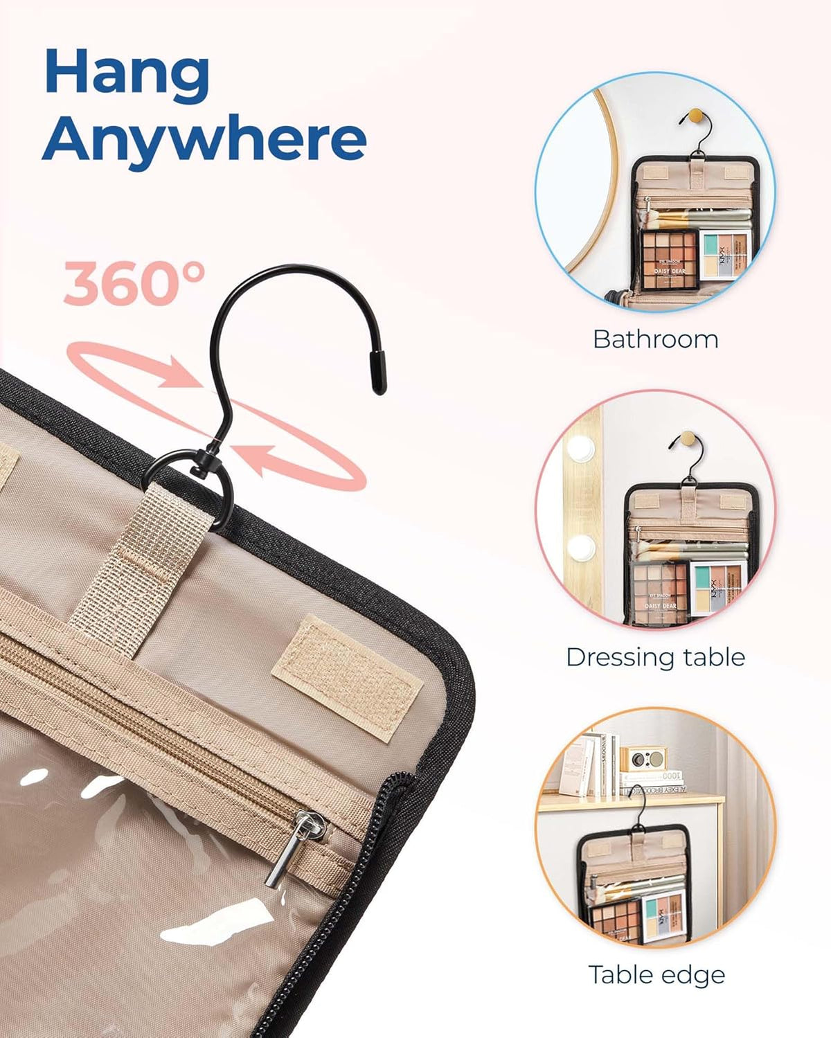 Toiletry Bag Travel Makeup Bag with Hanging Hook, Cosmetic Bag Make Organizer Case, Large Capacity Water-resistant Organizer for Toiletries Accessories Brushes Sponge, Beige