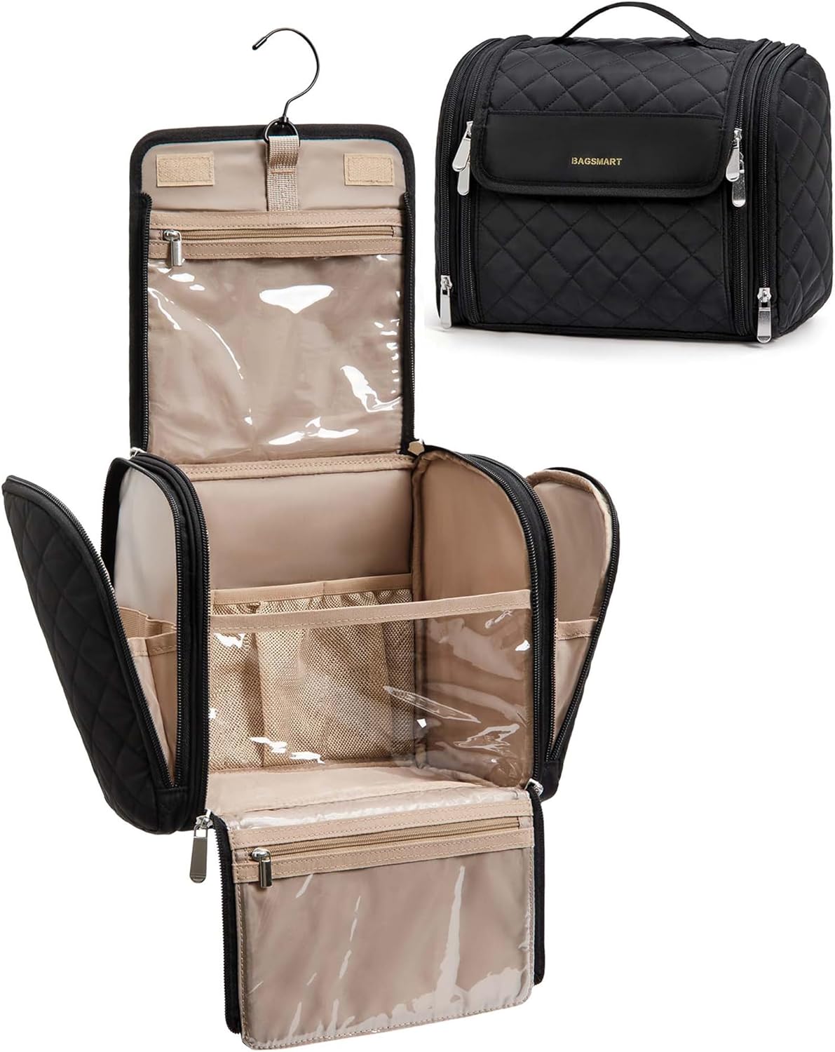 Toiletry Bag Travel Makeup Bag with Hanging Hook, Cosmetic Bag Make Organizer Case, Large Capacity Water-resistant Organizer for Toiletries Accessories Brushes Sponge, Beige