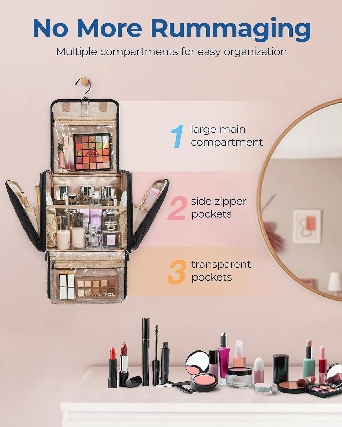 Toiletry Bag Travel Makeup Bag with Hanging Hook, Cosmetic Bag Make Organizer Case, Large Capacity Water-resistant Organizer for Toiletries Accessories Brushes Sponge, Beige