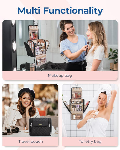 Toiletry Bag Travel Makeup Bag with Hanging Hook, Cosmetic Bag Make Organizer Case, Large Capacity Water-resistant Organizer for Toiletries Accessories Brushes Sponge, Beige