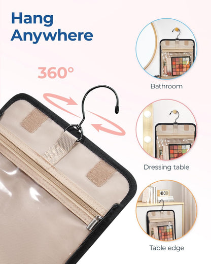 Toiletry Bag Travel Makeup Bag with Hanging Hook, Cosmetic Bag Make Organizer Case, Large Capacity Water-resistant Organizer for Toiletries Accessories Brushes Sponge, Beige