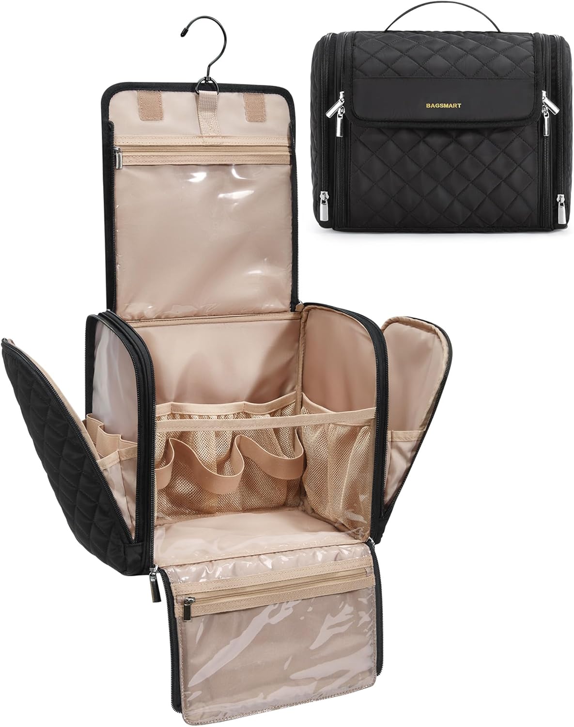 Toiletry Bag Travel Makeup Bag with Hanging Hook, Cosmetic Bag Make Organizer Case, Large Capacity Water-resistant Organizer for Toiletries Accessories Brushes Sponge, Beige