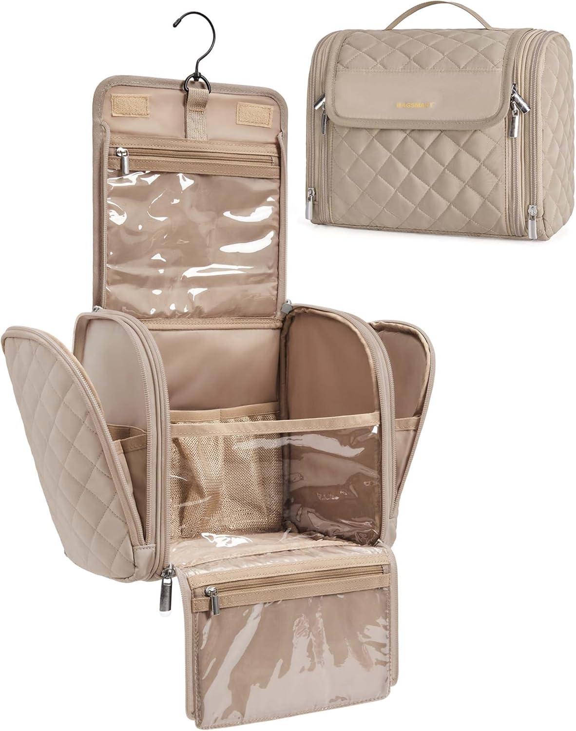 Toiletry Bag Travel Makeup Bag with Hanging Hook, Cosmetic Bag Make Organizer Case, Large Capacity Water-resistant Organizer for Toiletries Accessories Brushes Sponge, Beige
