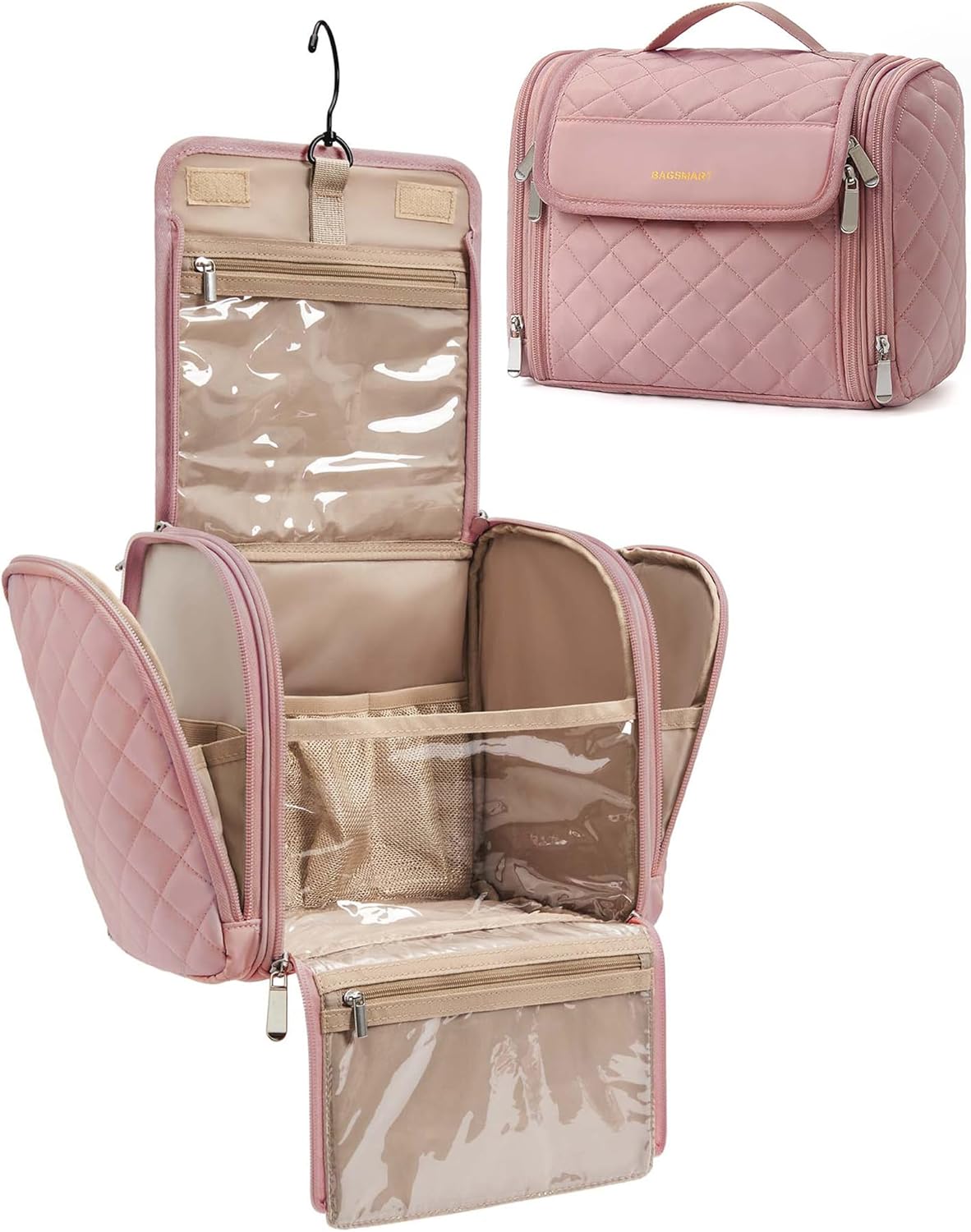 Toiletry Bag Travel Makeup Bag with Hanging Hook, Cosmetic Bag Make Organizer Case, Large Capacity Water-resistant Organizer for Toiletries Accessories Brushes Sponge, Beige
