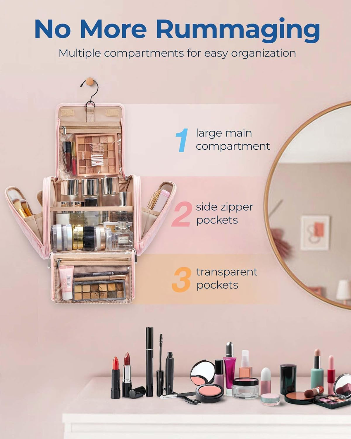 Toiletry Bag Travel Makeup Bag with Hanging Hook, Cosmetic Bag Make Organizer Case, Large Capacity Water-resistant Organizer for Toiletries Accessories Brushes Sponge, Beige