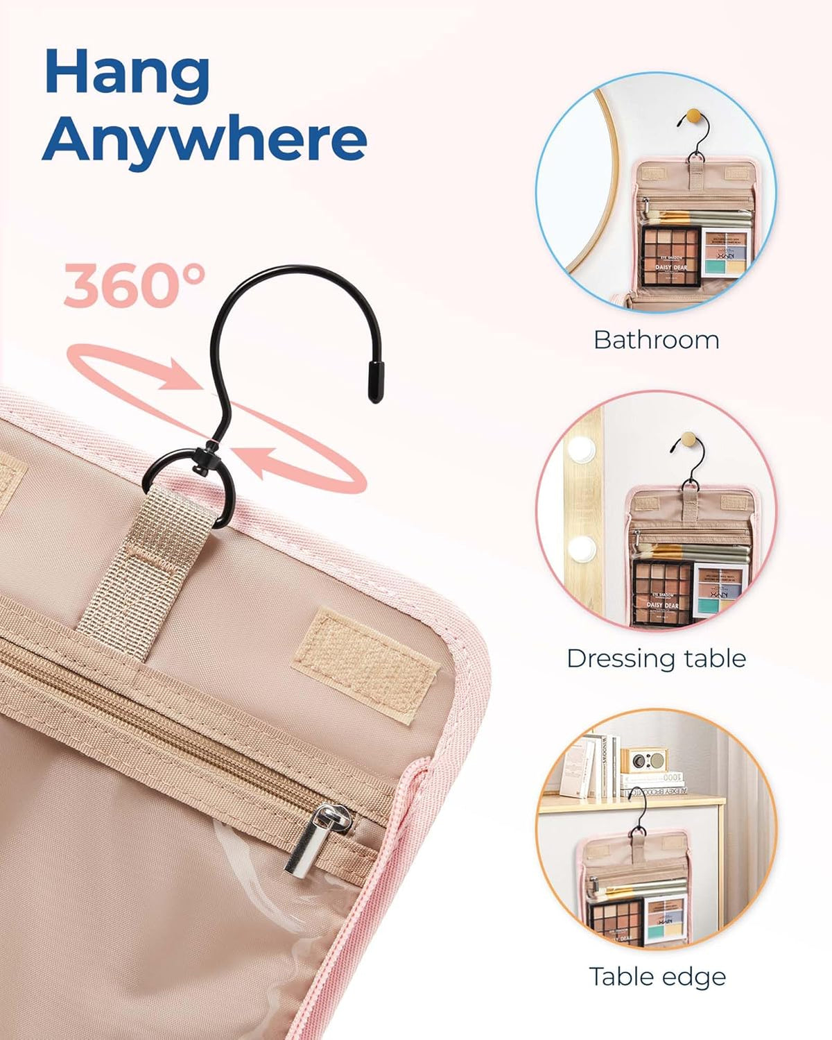 Toiletry Bag Travel Makeup Bag with Hanging Hook, Cosmetic Bag Make Organizer Case, Large Capacity Water-resistant Organizer for Toiletries Accessories Brushes Sponge, Beige