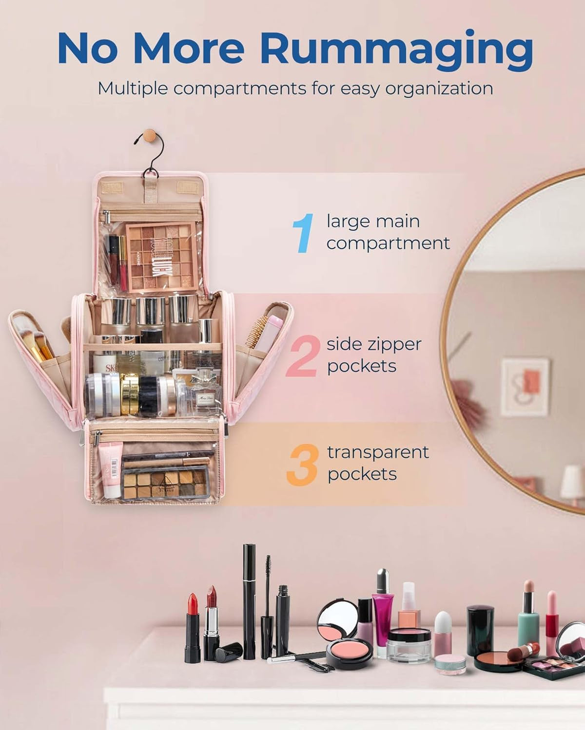 Toiletry Bag Travel Makeup Bag with Hanging Hook, Cosmetic Bag Make Organizer Case, Large Capacity Water-resistant Organizer for Toiletries Accessories Brushes Sponge, Beige