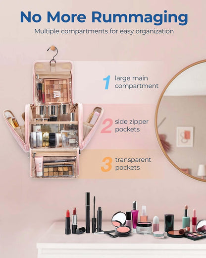 Toiletry Bag Travel Makeup Bag with Hanging Hook, Cosmetic Bag Make Organizer Case, Large Capacity Water-resistant Organizer for Toiletries Accessories Brushes Sponge, Beige
