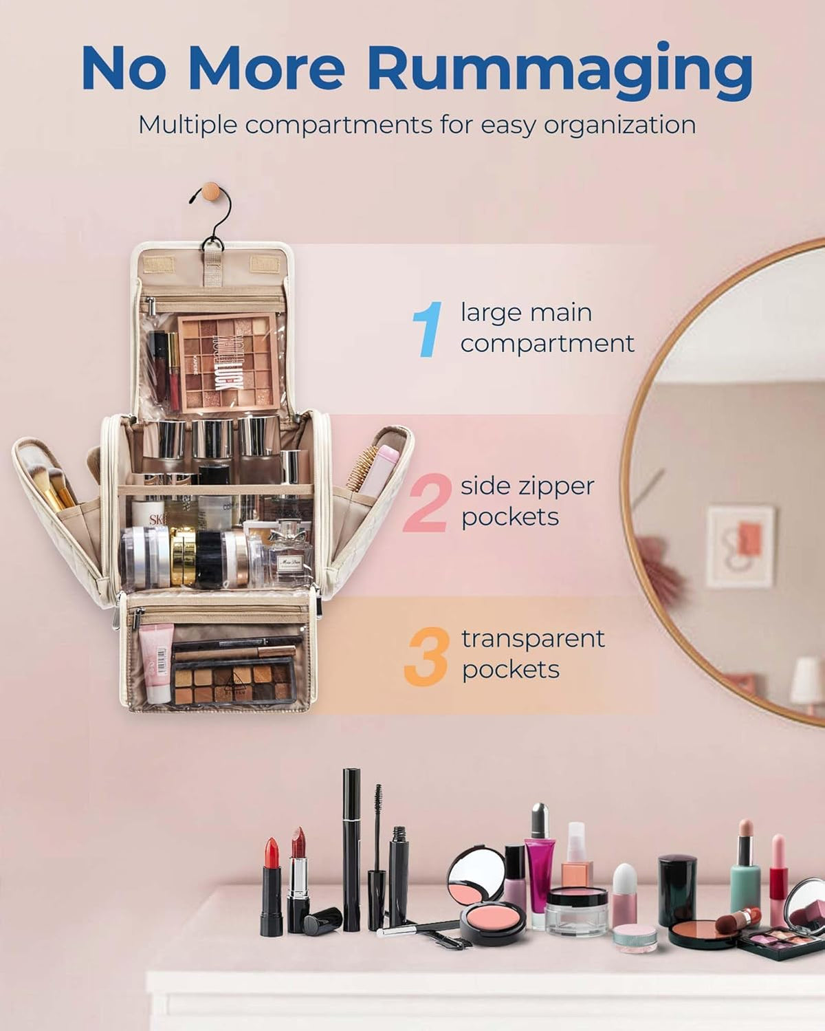 Toiletry Bag Travel Makeup Bag with Hanging Hook, Cosmetic Bag Make Organizer Case, Large Capacity Water-resistant Organizer for Toiletries Accessories Brushes Sponge, Beige