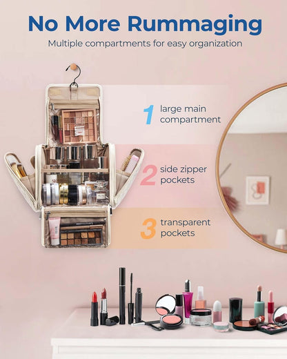 Toiletry Bag Travel Makeup Bag with Hanging Hook, Cosmetic Bag Make Organizer Case, Large Capacity Water-resistant Organizer for Toiletries Accessories Brushes Sponge, Beige