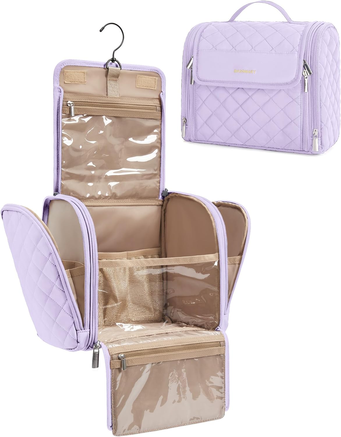 Toiletry Bag Travel Makeup Bag with Hanging Hook, Cosmetic Bag Make Organizer Case, Large Capacity Water-resistant Organizer for Toiletries Accessories Brushes Sponge, Beige