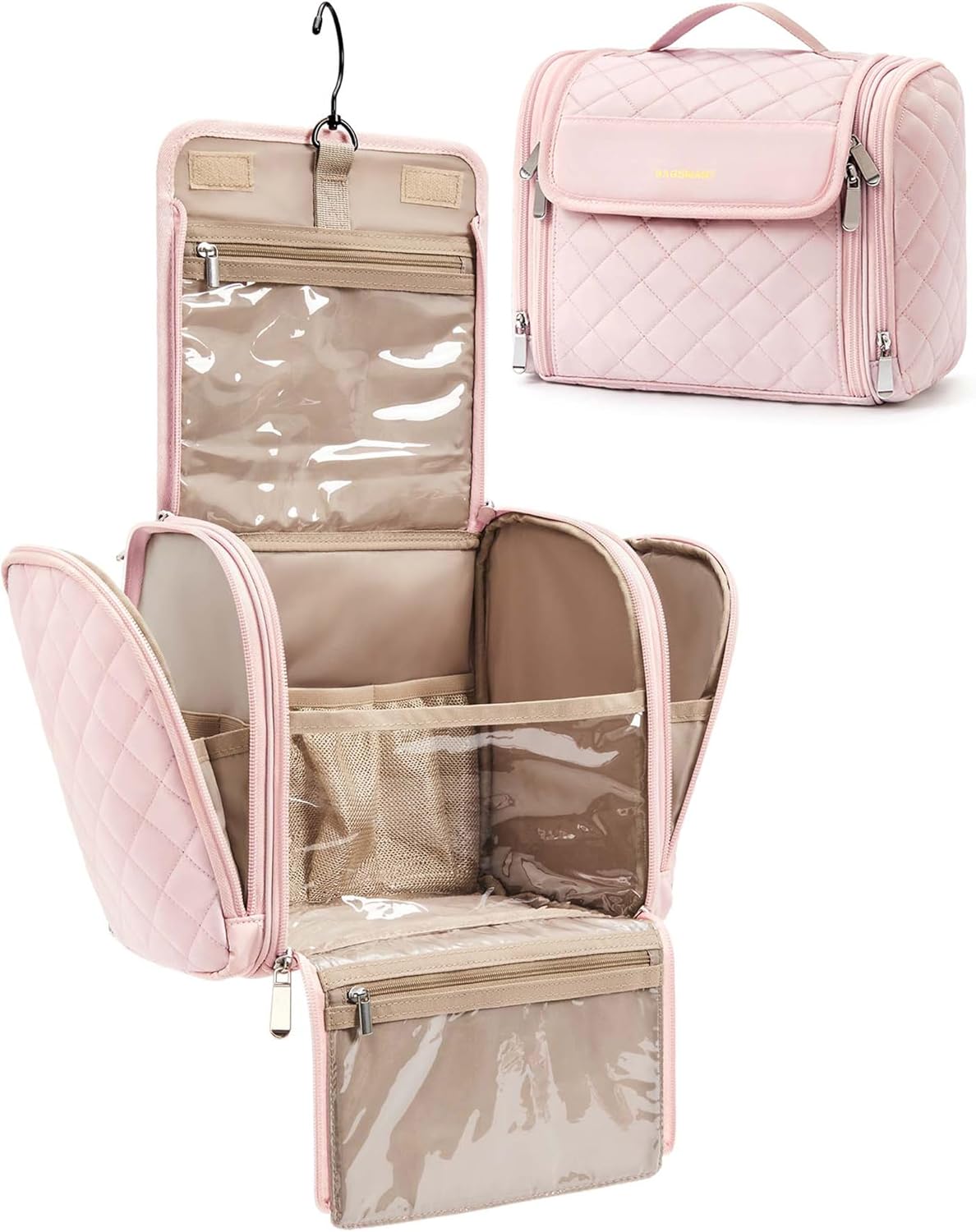 Toiletry Bag Travel Makeup Bag with Hanging Hook, Cosmetic Bag Make Organizer Case, Large Capacity Water-resistant Organizer for Toiletries Accessories Brushes Sponge, Beige