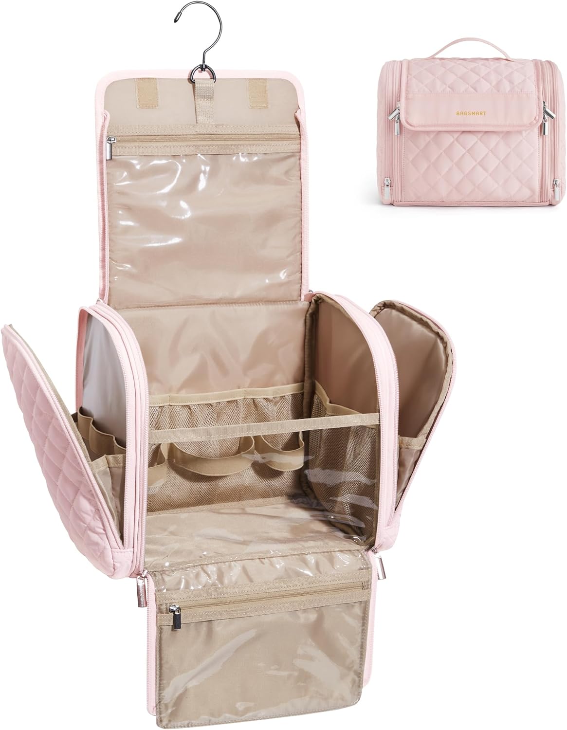 Toiletry Bag Travel Makeup Bag with Hanging Hook, Cosmetic Bag Make Organizer Case, Large Capacity Water-resistant Organizer for Toiletries Accessories Brushes Sponge, Beige
