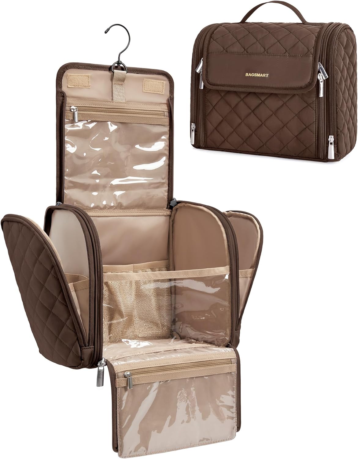 Toiletry Bag Travel Makeup Bag with Hanging Hook, Cosmetic Bag Make Organizer Case, Large Capacity Water-resistant Organizer for Toiletries Accessories Brushes Sponge, Beige