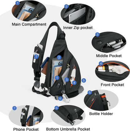 Sling Bag for Men Crossbody Backpack,8 Pockets Sling Backpack Mens Sling Bag,19L Sling Pack,One Strap Backpack for Men | One Strap Backpack with Umbrella Pocket,Sling Backpack with Stability Strap, One Shoulder Backpack for Hiking,Gym,Travel