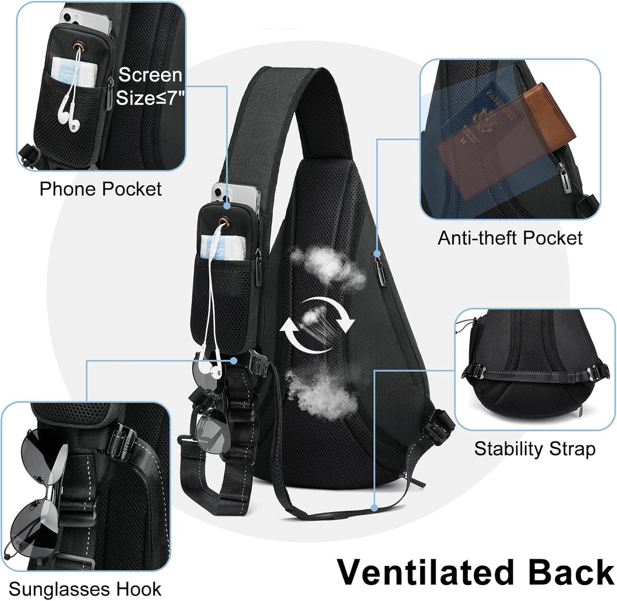 Sling Bag for Men Crossbody Backpack,8 Pockets Sling Backpack Mens Sling Bag,19L Sling Pack,One Strap Backpack for Men | One Strap Backpack with Umbrella Pocket,Sling Backpack with Stability Strap, One Shoulder Backpack for Hiking,Gym,Travel